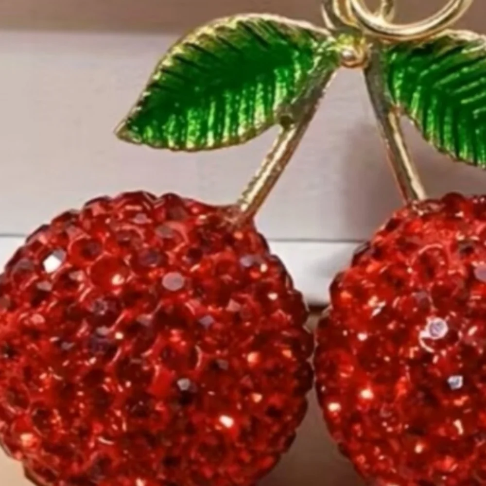 Trending Cherry Keychain Bag Charm Red Green Beaded Crystal Rhinestone NEW